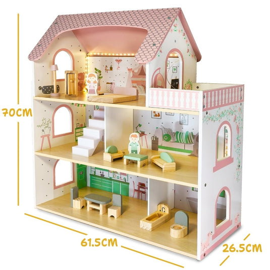 Casuta de Papusi din Lemn - SweetDollHouse - cu Iluminare LED, 3 Niveluri, 5 Camere si Terasa Decorate Frumos, 12 Accesorii Incluse, Inaltime 70.5 Cm, Perfecta pentru Cadou, Sweet Pink