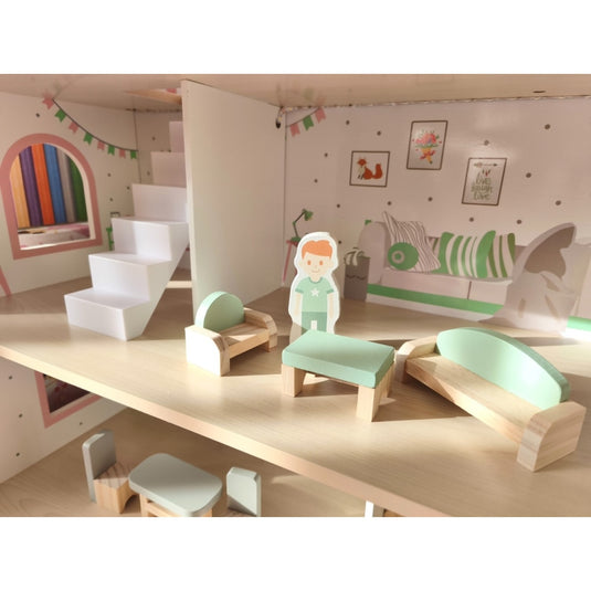 Casuta de Papusi din Lemn - SweetDollHouse - cu Iluminare LED, 3 Niveluri, 5 Camere si Terasa Decorate Frumos, 12 Accesorii Incluse, Inaltime 70.5 Cm, Perfecta pentru Cadou, Sweet Pink