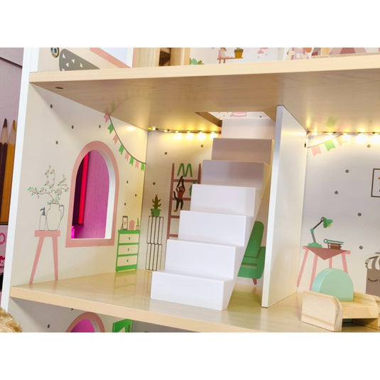 Casuta de Papusi din Lemn - SweetDollHouse - cu Iluminare LED, 3 Niveluri, 5 Camere si Terasa Decorate Frumos, 12 Accesorii Incluse, Inaltime 70.5 Cm, Perfecta pentru Cadou, Sweet Pink