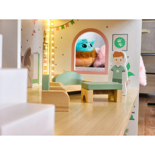 Casuta de Papusi din Lemn - SweetDollHouse - cu Iluminare LED, 3 Niveluri, 5 Camere si Terasa Decorate Frumos, 12 Accesorii Incluse, Inaltime 70.5 Cm, Perfecta pentru Cadou, Sweet Pink