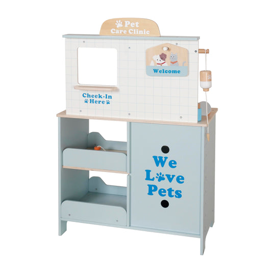 Cabinet Veterinar din Lemn pentru Copii MiniPet Hub™ 2in1 cu Fereastra Check-in, Catelus de Plus, Masuta de Examinare, Dulapuri si Rafturi, Radiografie, Stetoscop, Otoscop, Termometru, Cantar, Guler Medical, Penseta si Accesorii, 90Cm, Arctic Blue