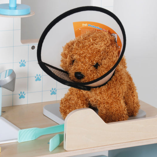 Cabinet Veterinar din Lemn pentru Copii MiniPet Hub™ 2in1 cu Fereastra Check-in, Catelus de Plus, Masuta de Examinare, Dulapuri si Rafturi, Radiografie, Stetoscop, Otoscop, Termometru, Cantar, Guler Medical, Penseta si Accesorii, 90Cm, Arctic Blue