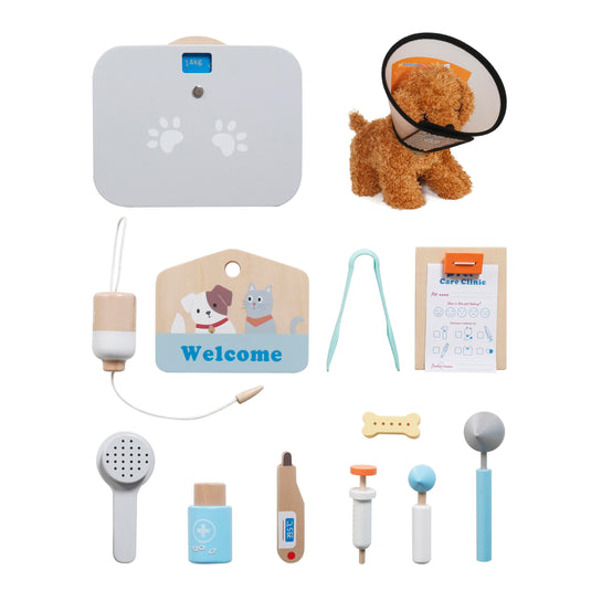 Cabinet Veterinar din Lemn pentru Copii MiniPet Hub™ 2in1 cu Fereastra Check-in, Catelus de Plus, Masuta de Examinare, Dulapuri si Rafturi, Radiografie, Stetoscop, Otoscop, Termometru, Cantar, Guler Medical, Penseta si Accesorii, 90Cm, Arctic Blue