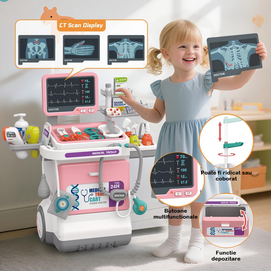 Set Medical de Joaca Carucior Mobil MiniMed Hub™ Max Kit cu Sunete si Lumini, 32 Piese, Termometru cu Infrarosu, Monitor cu Butoane Multifunctionale, Stetoscop, Radiografii, Tensiometru, Ochelari, Sertar Depozitare, Flacoane, Penseta si Accesorii, Pink