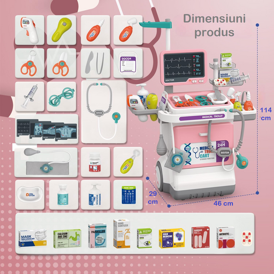 Set Medical de Joaca Carucior Mobil MiniMed Hub™ Max Kit cu Sunete si Lumini, 32 Piese, Termometru cu Infrarosu, Monitor cu Butoane Multifunctionale, Stetoscop, Radiografii, Tensiometru, Ochelari, Sertar Depozitare, Flacoane, Penseta si Accesorii, Pink
