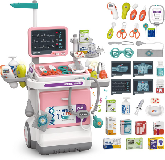 Set Medical de Joaca Carucior Mobil MiniMed Hub™ Max Kit cu Sunete si Lumini, 32 Piese, Termometru cu Infrarosu, Monitor cu Butoane Multifunctionale, Stetoscop, Radiografii, Tensiometru, Ochelari, Sertar Depozitare, Flacoane, Penseta si Accesorii, Pink