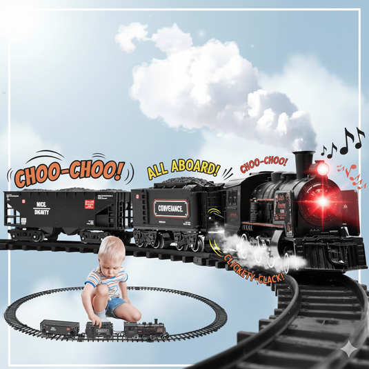 Set Trenulet Electric Metal Edition, cu Lumini, Sunete si Abur, Circuit Modular Interactiv, Structura din Aliaj Metalic, Far Functional, Vagoane de Marfa, Model Realist pentru Copii, Locomotiva cu Efecte 3D si Rezervor de Apa, Phantom
