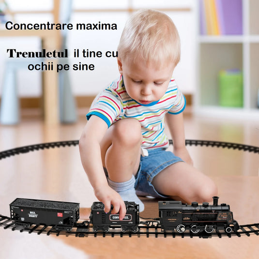 Set Trenulet Electric Metal Edition, cu Lumini, Sunete si Abur, Circuit Modular Interactiv, Structura din Aliaj Metalic, Far Functional, Vagoane de Marfa, Model Realist pentru Copii, Locomotiva cu Efecte 3D si Rezervor de Apa, Phantom