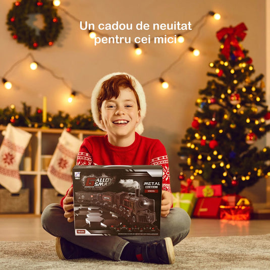 Set Trenulet Electric Metal Edition, cu Lumini, Sunete si Abur, Circuit Modular Interactiv, Structura din Aliaj Metalic, Far Functional, Vagoane de Marfa, Model Realist pentru Copii, Locomotiva cu Efecte 3D si Rezervor de Apa, Phantom