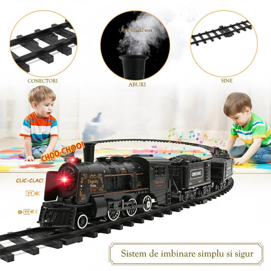 Set Trenulet Electric Metal Edition, cu Lumini, Sunete si Abur, Circuit Modular Interactiv, Structura din Aliaj Metalic, Far Functional, Vagoane de Marfa, Model Realist pentru Copii, Locomotiva cu Efecte 3D si Rezervor de Apa, Phantom