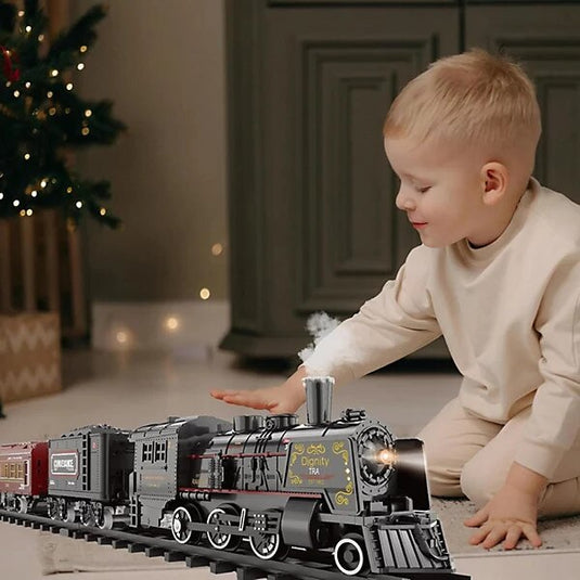 Set Trenulet Electric Metal Edition, cu Lumini, Sunete si Abur, Circuit Modular Interactiv, Structura din Aliaj Metalic, Far Functional, Vagoane de Marfa, Model Realist pentru Copii, Locomotiva cu Efecte 3D si Rezervor de Apa, Phantom