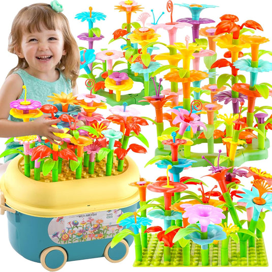 Set Creativ de Constructie 3D - Flower Garden Indiggo@, Gradina cu Flori Modulare, Include 139 piese, Valiza pe Roti si Maner, Jucarie Educativa pentru Copii, Multicolor