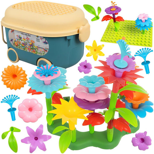 Set Creativ de Constructie 3D - Flower Garden Indiggo@, Gradina cu Flori Modulare, Include 139 piese, Valiza pe Roti si Maner, Jucarie Educativa pentru Copii, Multicolor