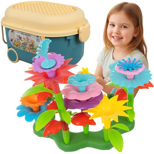 Set Creativ de Constructie 3D - Flower Garden Indiggo@, Gradina cu Flori Modulare, Include 139 piese, Valiza pe Roti si Maner, Jucarie Educativa pentru Copii, Multicolor