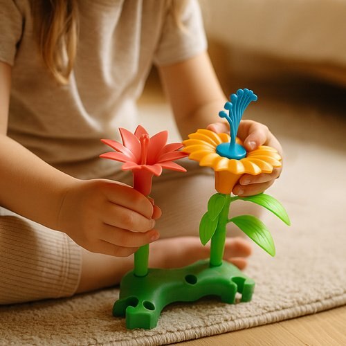 Set Creativ de Constructie 3D - Flower Garden Indiggo@, Gradina cu Flori Modulare, Include 139 piese, Valiza pe Roti si Maner, Jucarie Educativa pentru Copii, Multicolor