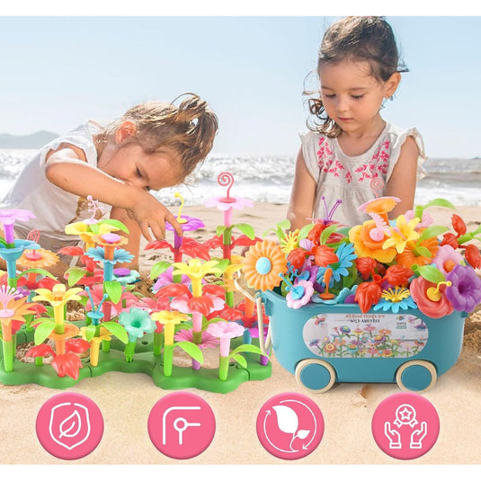 Set Creativ de Constructie 3D - Flower Garden Indiggo@, Gradina cu Flori Modulare, Include 139 piese, Valiza pe Roti si Maner, Jucarie Educativa pentru Copii, Multicolor