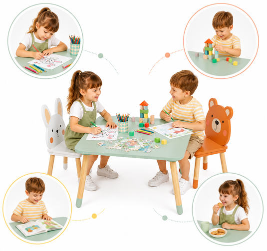 Set Mobilier Multifunctional Masuta cu Doua Scaune Sweet Animals din Lemn pentru Copii, Scaune Adorabile Model Bear&Bunny, Design Scandinav, Picioare Solide din Lemn de Pin, Blat MDF Rezistent la Zgarieturi, Calitate Premium, Indiggo@, Green Woody