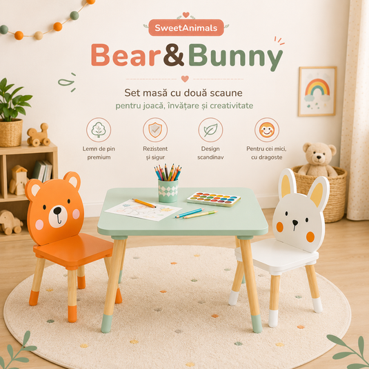 Set Mobilier Multifunctional Masuta cu Doua Scaune Sweet Animals din Lemn pentru Copii, Scaune Adorabile Model Bear&Bunny, Design Scandinav, Picioare Solide din Lemn de Pin, Blat MDF Rezistent la Zgarieturi, Calitate Premium, Indiggo@, Green Woody