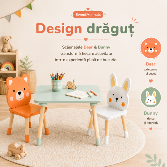 Set Mobilier Multifunctional Masuta cu Doua Scaune Sweet Animals din Lemn pentru Copii, Scaune Adorabile Model Bear&Bunny, Design Scandinav, Picioare Solide din Lemn de Pin, Blat MDF Rezistent la Zgarieturi, Calitate Premium, Indiggo@, Green Woody