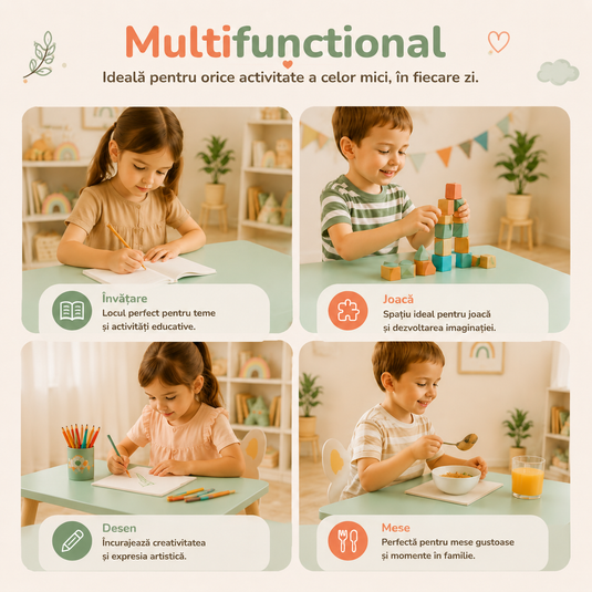 Set Mobilier Multifunctional Masuta cu Doua Scaune Sweet Animals din Lemn pentru Copii, Scaune Adorabile Model Bear&Bunny, Design Scandinav, Picioare Solide din Lemn de Pin, Blat MDF Rezistent la Zgarieturi, Calitate Premium, Indiggo@, Green Woody