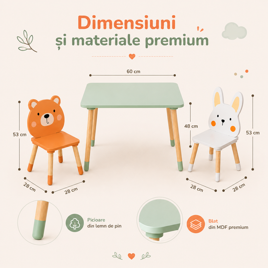 Set Mobilier Multifunctional Masuta cu Doua Scaune Sweet Animals din Lemn pentru Copii, Scaune Adorabile Model Bear&Bunny, Design Scandinav, Picioare Solide din Lemn de Pin, Blat MDF Rezistent la Zgarieturi, Calitate Premium, Indiggo@, Green Woody