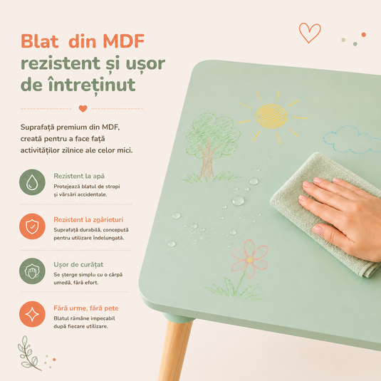 Set Mobilier Multifunctional Masuta cu Doua Scaune Sweet Animals din Lemn pentru Copii, Scaune Adorabile Model Bear&Bunny, Design Scandinav, Picioare Solide din Lemn de Pin, Blat MDF Rezistent la Zgarieturi, Calitate Premium, Indiggo@, Green Woody