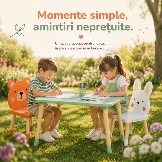 Set Mobilier Multifunctional Masuta cu Doua Scaune Sweet Animals din Lemn pentru Copii, Scaune Adorabile Model Bear&Bunny, Design Scandinav, Picioare Solide din Lemn de Pin, Blat MDF Rezistent la Zgarieturi, Calitate Premium, Indiggo@, Green Woody