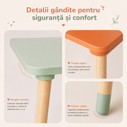 Set Mobilier Multifunctional Masuta cu Doua Scaune Sweet Animals din Lemn pentru Copii, Scaune Adorabile Model Bear&Bunny, Design Scandinav, Picioare Solide din Lemn de Pin, Blat MDF Rezistent la Zgarieturi, Calitate Premium, Indiggo@, Green Woody