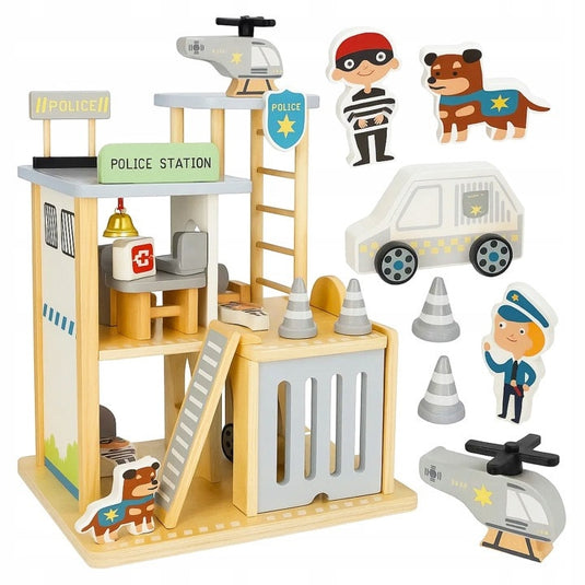 Statie de Politie din Lemn Police Station Indiggo@, Set Complet de Joaca cu Masina de Politie, Elicopter, Figurine si Mobilier, Jucarie Educativa din Lemn, 30 x 22 x 36 cm, 3+ Ani, Grey
