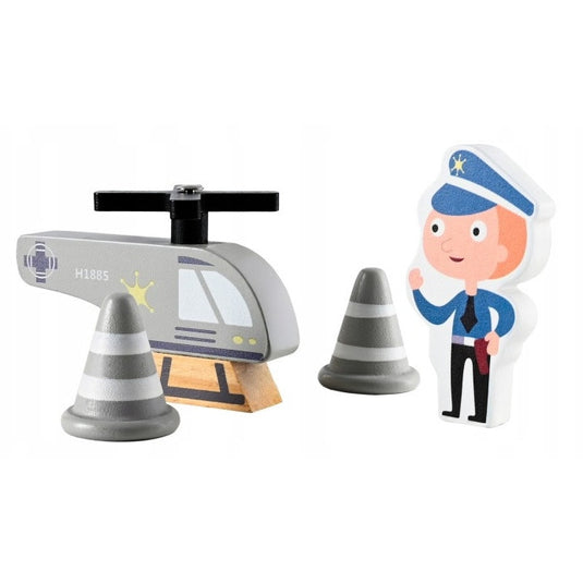 Statie de Politie din Lemn Police Station Indiggo@, Set Complet de Joaca cu Masina de Politie, Elicopter, Figurine si Mobilier, Jucarie Educativa din Lemn, 30 x 22 x 36 cm, 3+ Ani, Grey