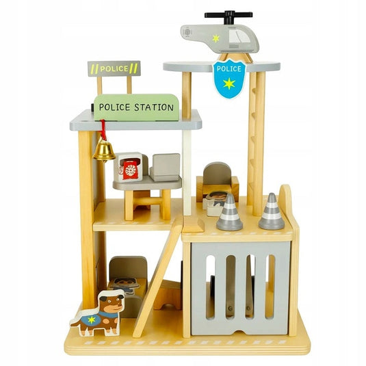 Statie de Politie din Lemn Police Station Indiggo@, Set Complet de Joaca cu Masina de Politie, Elicopter, Figurine si Mobilier, Jucarie Educativa din Lemn, 30 x 22 x 36 cm, 3+ Ani, Grey