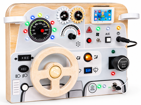 Jucarie educativa din lemn JuniorDriver, bord auto interactiv, volan, efecte sonore, 30x21.8x10cm