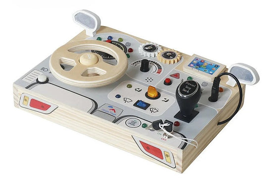 Jucarie educativa din lemn JuniorDriver, bord auto interactiv, volan, efecte sonore, 30x21.8x10cm