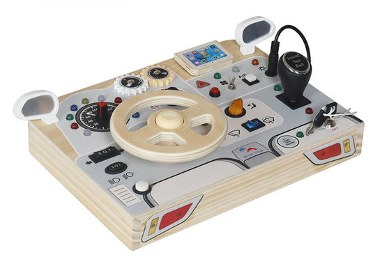 Jucarie educativa din lemn JuniorDriver, bord auto interactiv, volan, efecte sonore, 30x21.8x10cm