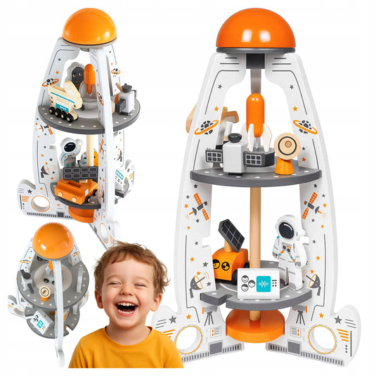 Racheta Spatiala din Lemn pentru Copii RocketShip Indiggo@, Set de Joaca Educativ cu Astronaut, Extraterestru, Vehicule Spatiale si Satelit, Dezvoltare Creativitate si Motricitate, 3 Ani+, White Wooden