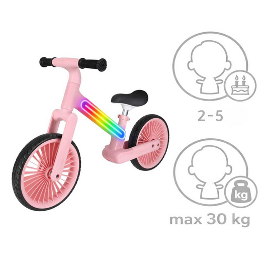 Bicicleta de Echilibru pentru Copii - NeoGlow Balance Bike Indiggo@, Iluminare LED RGB 20 Moduri, Roti EVA 12 inch Rezistente, Sa Reglabila, Cadru Usor 3.6 kg, 2+ Ani, Rose