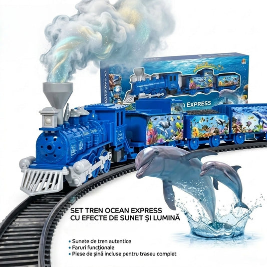 Trenulet Electric cu Aburi OceanExpress pentru Copii, Include Tren Electric cu Efecte Sonore, Lumini, Fum Real, 3 Vagoane, 16 Sine, Model Animalute Marine, Indiggo@, Blue Ocean, +3 Ani