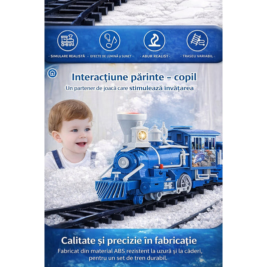 Trenulet Electric cu Aburi OceanExpress pentru Copii, Include Tren Electric cu Efecte Sonore, Lumini, Fum Real, 3 Vagoane, 16 Sine, Model Animalute Marine, Indiggo@, Blue Ocean, +3 Ani