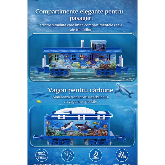 Trenulet Electric cu Aburi OceanExpress pentru Copii, Include Tren Electric cu Efecte Sonore, Lumini, Fum Real, 3 Vagoane, 16 Sine, Model Animalute Marine, Indiggo@, Blue Ocean, +3 Ani