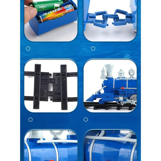 Trenulet Electric cu Aburi OceanExpress pentru Copii, Include Tren Electric cu Efecte Sonore, Lumini, Fum Real, 3 Vagoane, 16 Sine, Model Animalute Marine, Indiggo@, Blue Ocean, +3 Ani