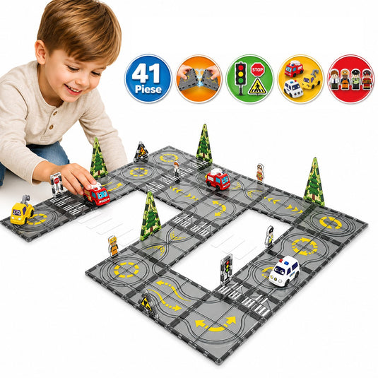 Set de Constructie MagicMagnetic Orbit, Include 41 de Piese, Traseu Magnetic 3D cu Masinute, Semne de Circulatie si Figurine, Numeroase Posibilitati de Construit, STEM, Educativ si Creativ, Indiggo®, 3ani+, Gri Antracit