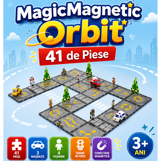 Set de Constructie MagicMagnetic Orbit, Include 41 de Piese, Traseu Magnetic 3D cu Masinute, Semne de Circulatie si Figurine, Numeroase Posibilitati de Construit, STEM, Educativ si Creativ, Indiggo®, 3ani+, Gri Antracit