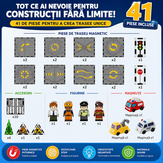 Set de Constructie MagicMagnetic Orbit, Include 41 de Piese, Traseu Magnetic 3D cu Masinute, Semne de Circulatie si Figurine, Numeroase Posibilitati de Construit, STEM, Educativ si Creativ, Indiggo®, 3ani+, Gri Antracit