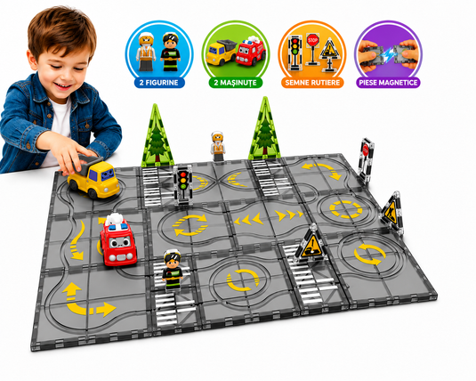 Set de Constructie MagicMagnetic Orbit, Include 28 de Piese, Traseu Magnetic 3D cu Masinute, Semne de Circulatie si Figurine, Numeroase Posibilitati de Construit, STEM, Educativ si Creativ, Indiggo®, 3ani+, Gray Sky