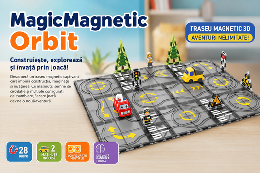Set de Constructie MagicMagnetic Orbit, Include 28 de Piese, Traseu Magnetic 3D cu Masinute, Semne de Circulatie si Figurine, Numeroase Posibilitati de Construit, STEM, Educativ si Creativ, Indiggo®, 3ani+, Gray Sky