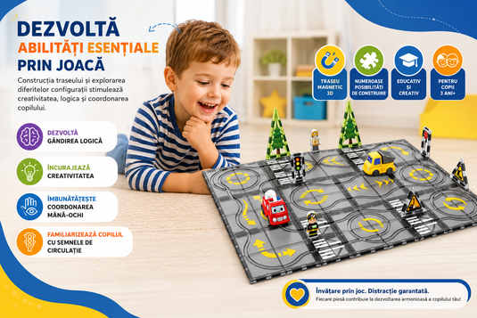 Set de Constructie MagicMagnetic Orbit, Include 28 de Piese, Traseu Magnetic 3D cu Masinute, Semne de Circulatie si Figurine, Numeroase Posibilitati de Construit, STEM, Educativ si Creativ, Indiggo®, 3ani+, Gray Sky