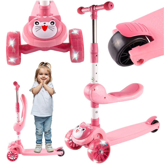 Trotineta Copii 3 in 1 SmartRide Indiggo® cu Scaun Detasabil, Roti LED, Reglaj Inaltime, Pliabila, Platforma Antiderapanta, Frana pe Picior, 61-78 cm, Roz