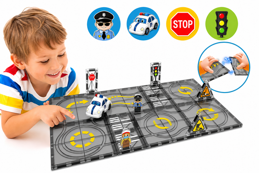 Set de Constructie MagicMagnetic Orbit, Include 17 de Piese, Traseu Magnetic 3D cu Masinute, Semne de Circulatie si Figurine, Numeroase Posibilitati de Construit, STEM, Educativ si Creativ, Indiggo®, 3ani+, Gray Stone