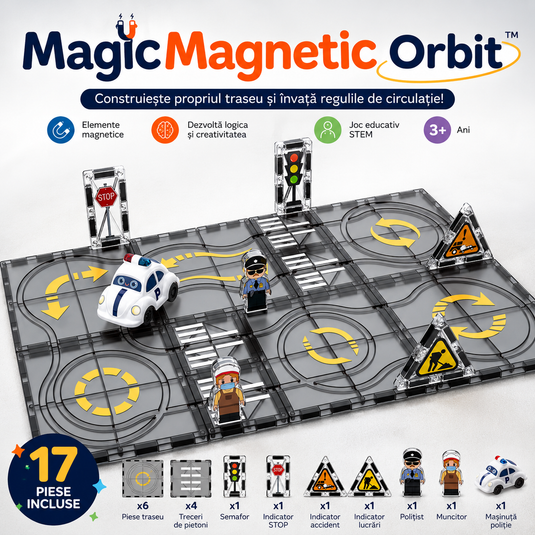 Set de Constructie MagicMagnetic Orbit, Include 17 de Piese, Traseu Magnetic 3D cu Masinute, Semne de Circulatie si Figurine, Numeroase Posibilitati de Construit, STEM, Educativ si Creativ, Indiggo®, 3ani+, Gray Stone