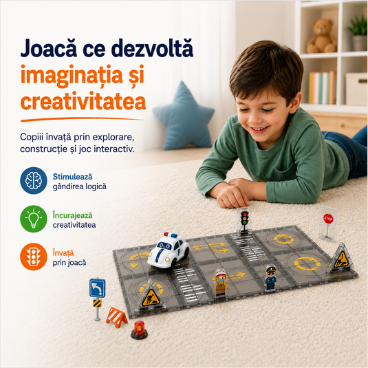 Set de Constructie MagicMagnetic Orbit, Include 17 de Piese, Traseu Magnetic 3D cu Masinute, Semne de Circulatie si Figurine, Numeroase Posibilitati de Construit, STEM, Educativ si Creativ, Indiggo®, 3ani+, Gray Stone